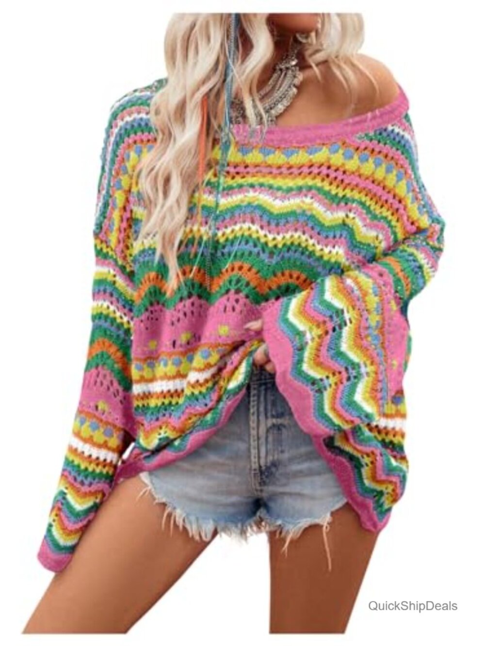 Open Knit Crochet Long Sleeve Drop Shoulder Sweater Pullover